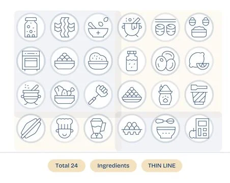 24 Thin Line Pixel Aligned Vector Icons for Ingredients Graphics Stock Illustration