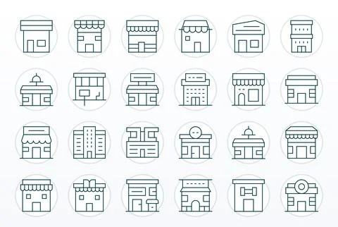 24 Thin Line Pixel Optimized Vectors for Retail Space Theme Stock Illustration