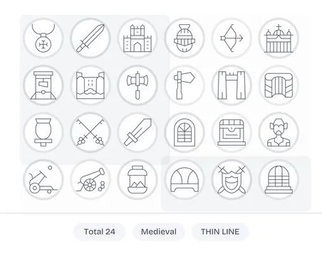 24 Thin Line Pixel Optimized Vector Icons crafted for Medieval 64x64 applic.. Stock Illustration