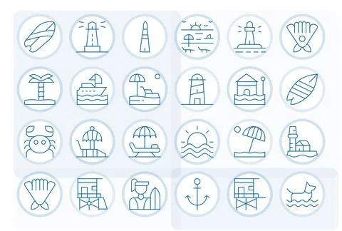 24 Thin Line PIXEL Perfect Vector Icons crafted for Coastal High Resolution.. Illustrazione stock