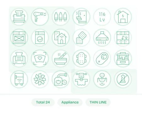 24 Thin Line PIXEL Perfect Vectors for Appliance Theme Stock Illustration