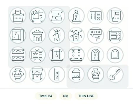24 Thin Line Vector Icons from Old in 256x256 PIXEL Perfect Quality Stock Illustration