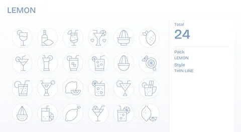 24 Thin Line Vector Icons for Lemon in crisp 128x128 Pixel Aligned resolution Stock Illustration