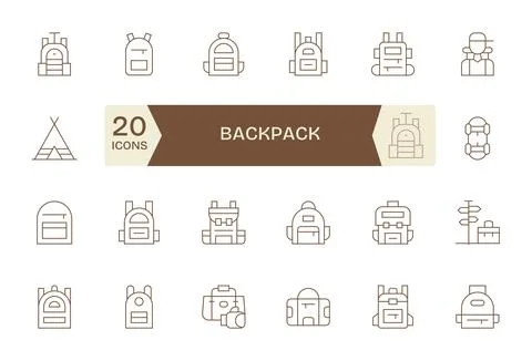 24 Thin Line Vector Icons for Backpack in crisp 128x128 Detail Enhanced res.. Stock Illustration