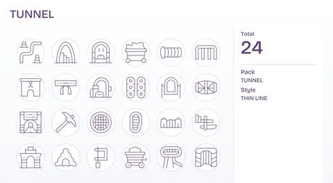 24 Tunnel Pixel Optimized Vector Icons in Retina Ready Thin Line Aesthetic Stock Illustration