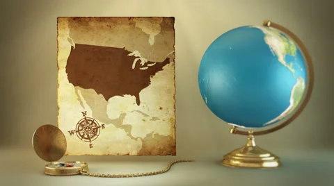 24 Turning globe, compass and ancient map of U.S.A. Video stock 5645081