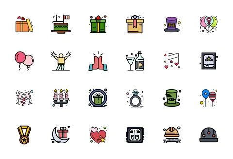 24 Vector Icons for Celebratory featuring 64x64 Detail Enhanced Line Filled.. Stock Illustration