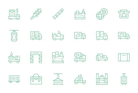 24 Vector Icons for Freight featuring 64x64 Pixel Optimized Thin Line Graphic Stock Illustration