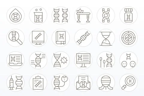 24 Vector Icons for Genetic featuring 256x256 PIXEL Perfect Thin Line Graphic Stock Illustration
