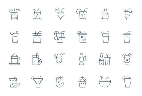 24 Vector Icons for Iced Drink featuring 64x64 PIXEL Perfect Thin Line Graphi Stock Illustration