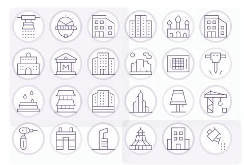 24 Vector Icons inspired by Building in Editable Retina Ready Thin Line quali Ilustración de archivo