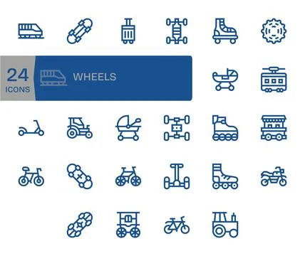 24 Vector Icons inspired by Wheels in Grid Fitted High Resolution Bold Line.. Stock Illustration