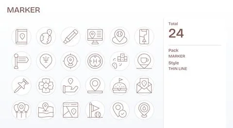 24 Vector Icons for Marker optimized in Pixel Optimized 64x64 Thin Line res.. Stock Illustration