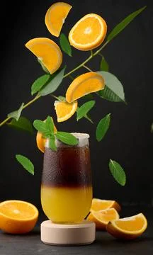 Iced coffee with orange juice in a transparent glass, refreshing bumble coffee on the table. Levitating orange slices and mint leaves xkwx glass coffee cold orange slice sweet syrup cool drink espresso ice juice juicy layer morning nobody table yellow levitation mint green beverage black brown bumble caffeine citrus cocktail fresh fruit