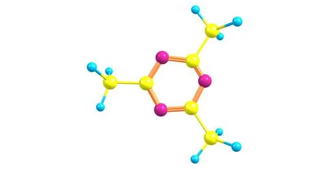 2,4,6-Trimethyl-1,3,5-triazine molecular structure isolated on white Stock Illustration