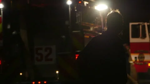 2465 FIre Engine Vehicles with Flashing Lights and Fire Men at House Fire, HD Stock-Footage 43675111