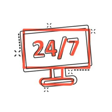 24/7 computer icon in comic style. All day service cartoon vector illustratio Stock Illustration