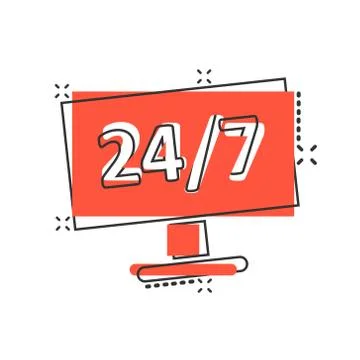 24/7 computer icon in comic style. All day service cartoon vector illustratio Illustrazione stock