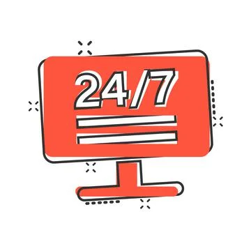 24/7 computer icon in comic style. All day service cartoon vector illustratio Stock Illustration