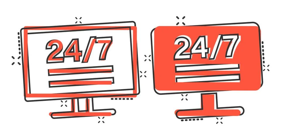 24/7 computer icon in comic style. All day service cartoon vector illustratio Stock Illustration