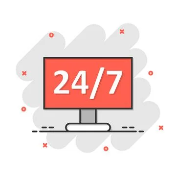 24/7 computer icon in comic style. All day service cartoon vector illustratio Stock Illustration