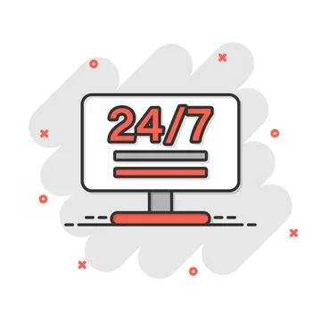 24/7 computer icon in comic style. All day service cartoon vector illustratio Stock Illustration