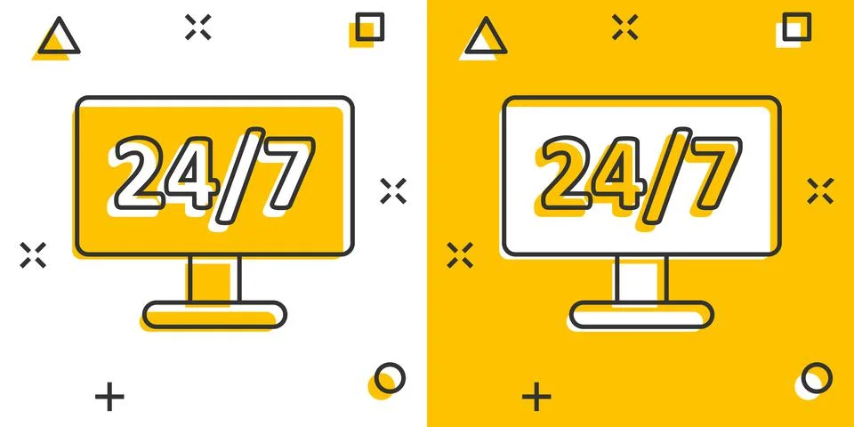 24/7 computer icon in comic style. All day service cartoon vector illustratio 스톡 일러스트