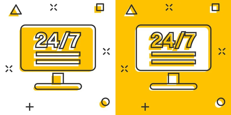 24/7 computer icon in comic style. All day service cartoon vector illustratio Stock Illustration