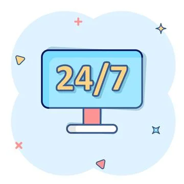 24/7 computer icon in comic style. All day service cartoon vector illustratio Stock Illustration