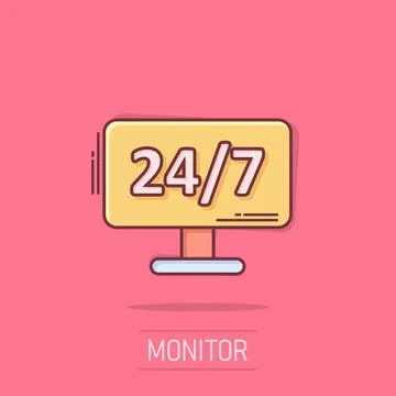 24/7 computer icon in comic style. All day service cartoon vector illustrat.. Stock Illustration