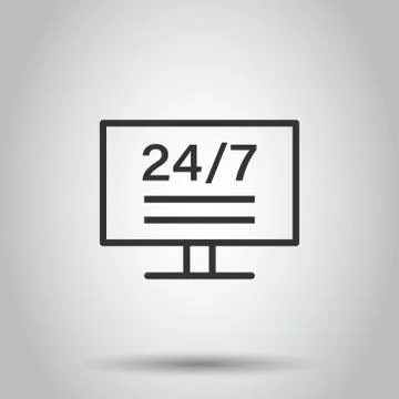 24/7 computer icon in flat style. All day service vector illustration on whit Stock Illustration