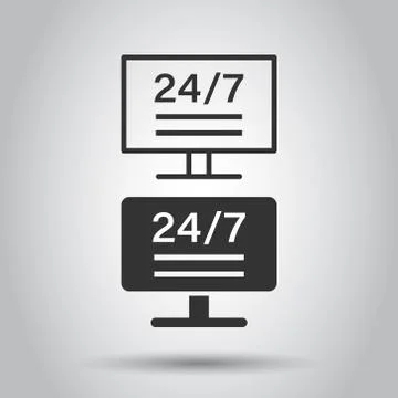 24/7 computer icon in flat style. All day service vector illustration on whit Stock Illustration