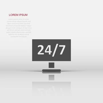 24/7 computer icon in flat style. All day service vector illustration on wh.. Illustrazione stock