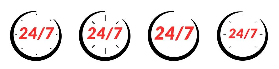24/7 customer support icon with clock. around the clock service, open hours.. Stock Illustration