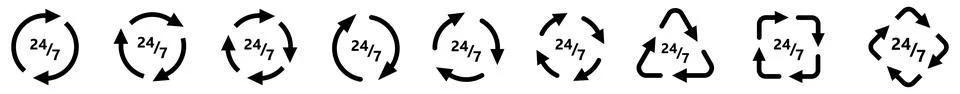 24/7 icon in arrows forming cycle, two three and four arrow version. Nonstop  Stock Illustration