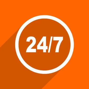 24/7 icon. Orange flat button. Web and mobile app design illustration Stock Illustration