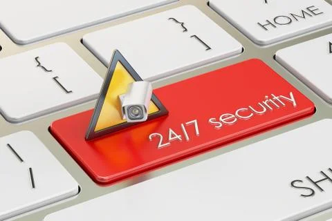 24/7 security concept on red keyboard button, 3D rendering Stock Illustration