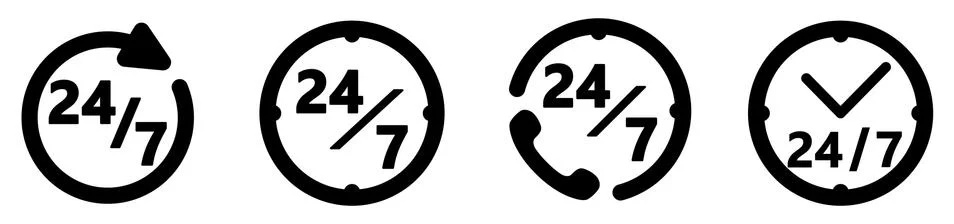 24/7 services icon. Simple circle / clock drawing with text. Four different v Stock Illustration