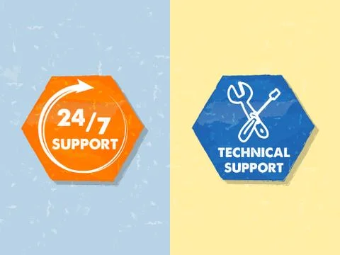 24/7 support and technical support with tools sign, two grunge hexagons label Stock Illustration