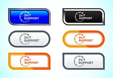 24/7 Support button set of different shapes and colors. Suitable for mobile.. Illustrazione stock