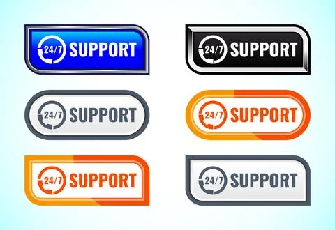 24/7 Support button set of different shapes and colors. Suitable for mobile.. Stock Illustration