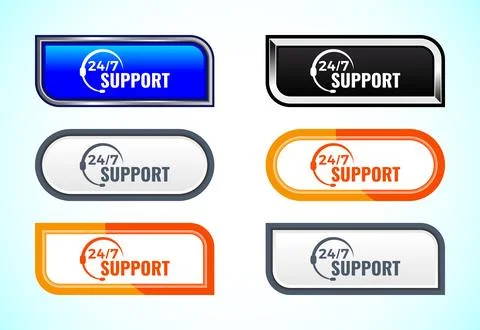 24/7 Support button set of different shapes and colors. Suitable for mobile.. イラスト素材