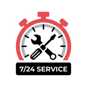 24/7 Technical Service Icon with Stopwatch, Wrench, and Screwdriver Tools Symbol Stock Illustration