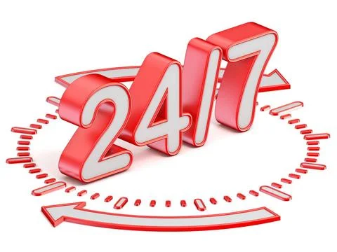 24/7 text on clock face 3D 24/7 text on clock face 3D render illustration ... Stock Photos