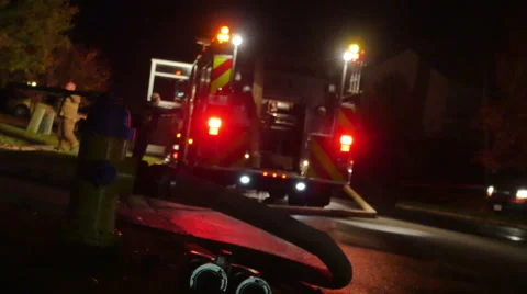 2479 FIre Engine Vehicles with Flashing Lights and Fire Men at House Fire, HD 스톡 동영상 43676111