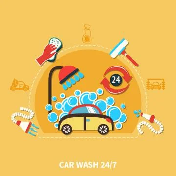 24h Car Wash Composition Stock Illustration