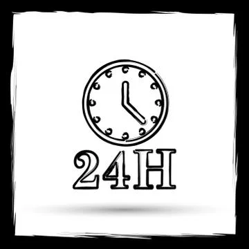 24H clock icon. Internet button on white background. Outline design imitating Illustrazione stock