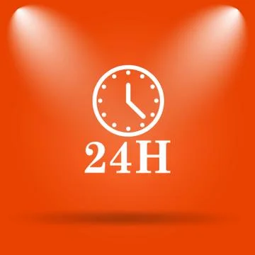 24H clock icon. Internet button on orange background.. Stock Illustration
