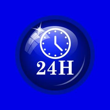 24H clock icon. Internet button on blue background. . Stock Illustration