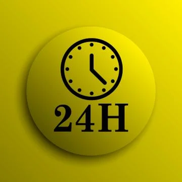 24H clock icon. Yellow internet button.. Stock Illustration